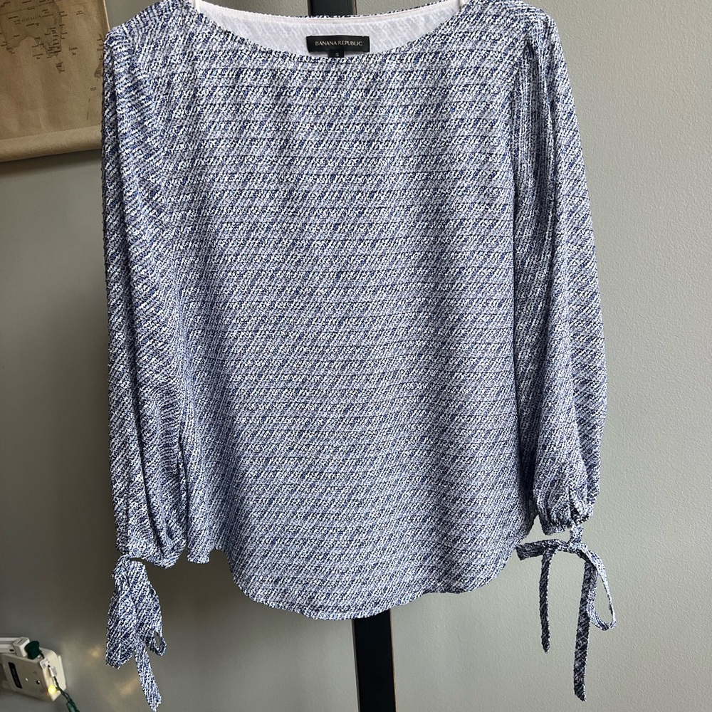 Banana Republic Navy and White Blouse with Tie Sleeves
